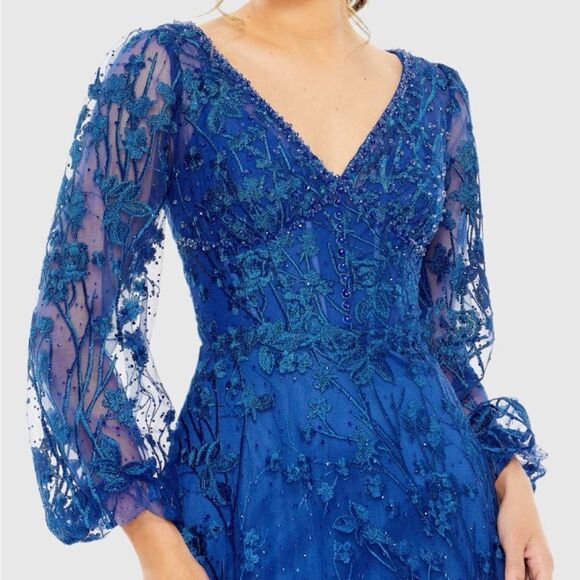 MAC DUGGAL 2051 Blue V-Neck Mesh Puff Sleeve A Line Embellished Tea Length Dress - Picture 3 of 13